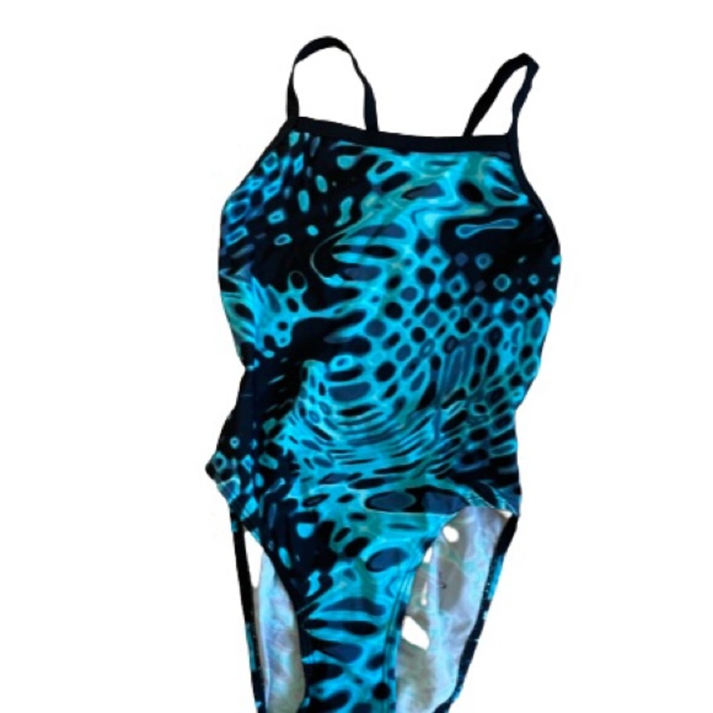 Speedo STYLE swimsuit leopard tie dye blue black pattern nylon one piece Size M